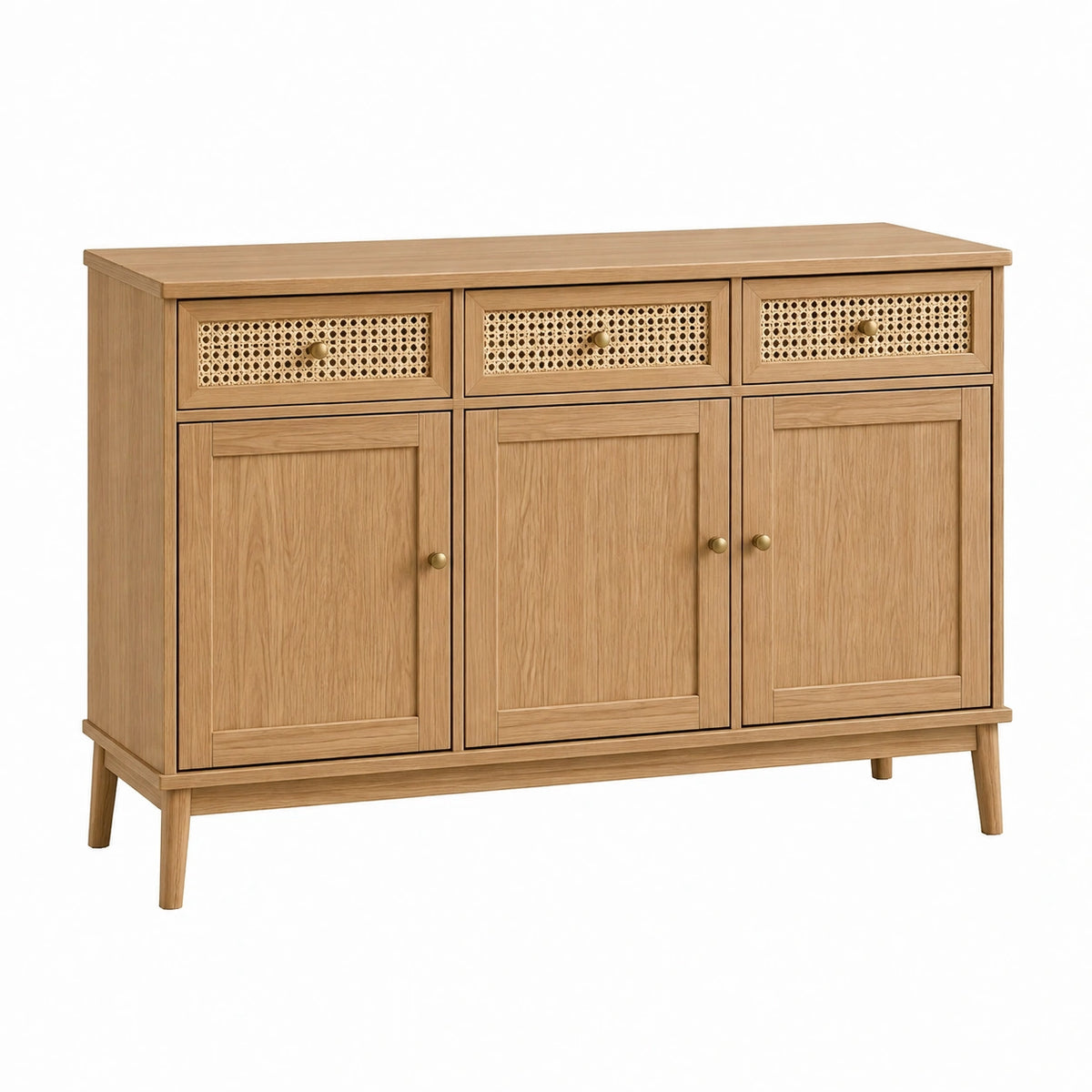 Buffet 140 x 40 x 90 cm en bois chêne naturel avec cannage rangement style rétro