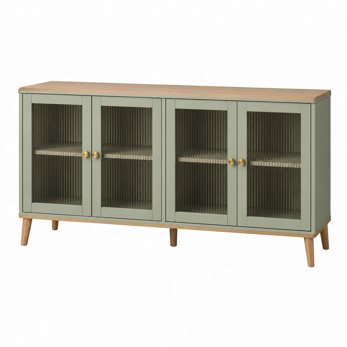 Buffet 160 x 40 x 85 cm vert sauge et bois avec portes vitrées style rétro