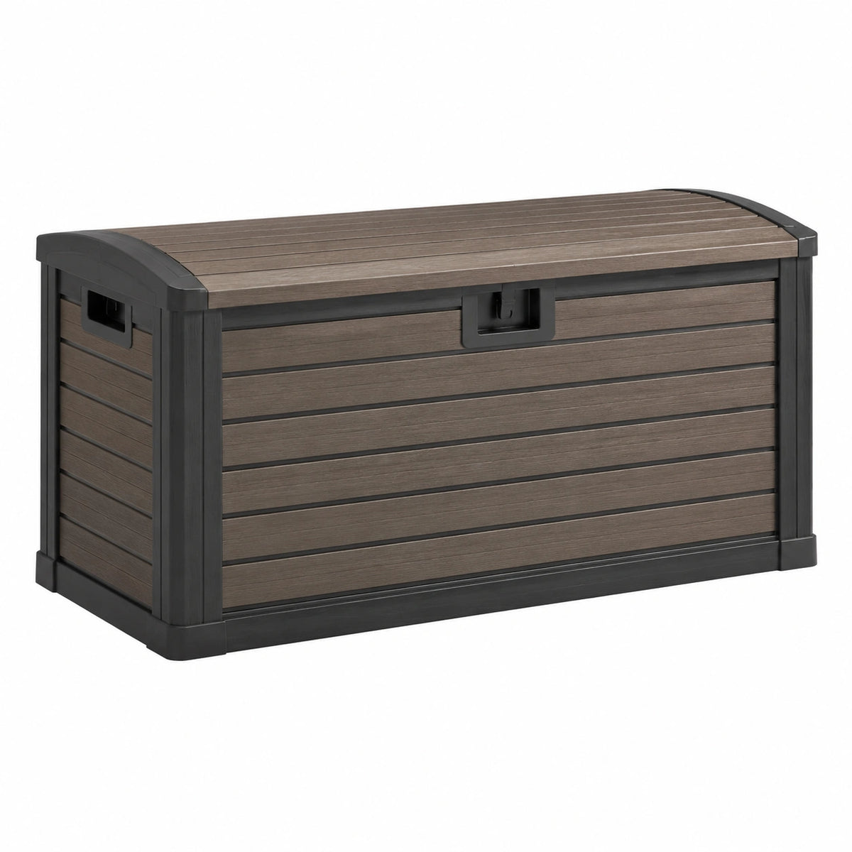 Coffre de rangement extérieur 119 x 61 x 63 cm en plastique brun effet bois avec couvercle