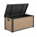 Coffre de rangement extérieur 120 x 60 x 63 cm en résine beige et noir avec couvercle relevable