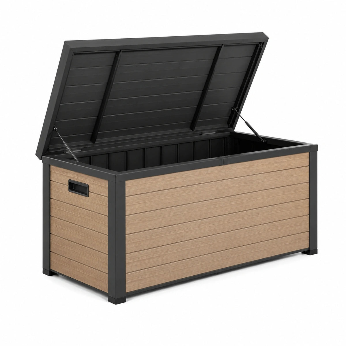 Coffre de rangement extérieur 120 x 60 x 63 cm en résine beige et noir avec couvercle relevable