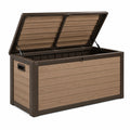 Coffre de rangement extérieur 120 x 60 x 63 cm en résine brun effet bois avec couvercle relevable