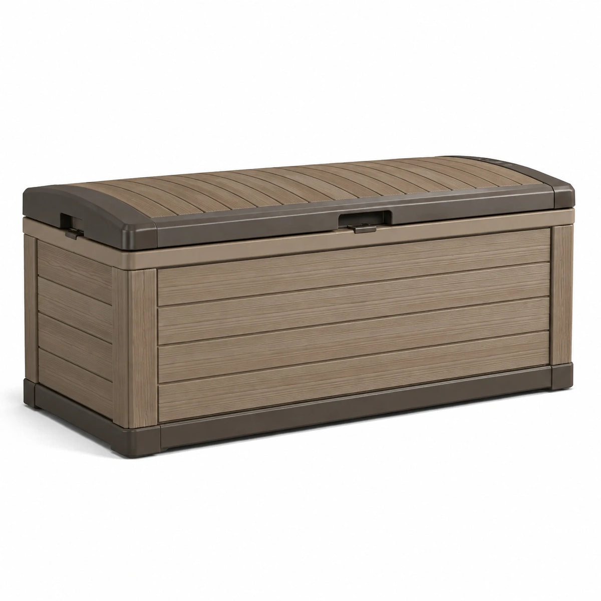Coffre de rangement extérieur 120 x 60 x 65 cm en résine taupe effet bois avec couvercle