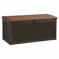 Coffre de rangement extérieur 120 x 60 x 63 cm en résine marron effet rotin avec couvercle
