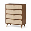 Commode 90 x 45 x 110 cm en bois brun et cannage naturel à 4 tiroirs style rétro
