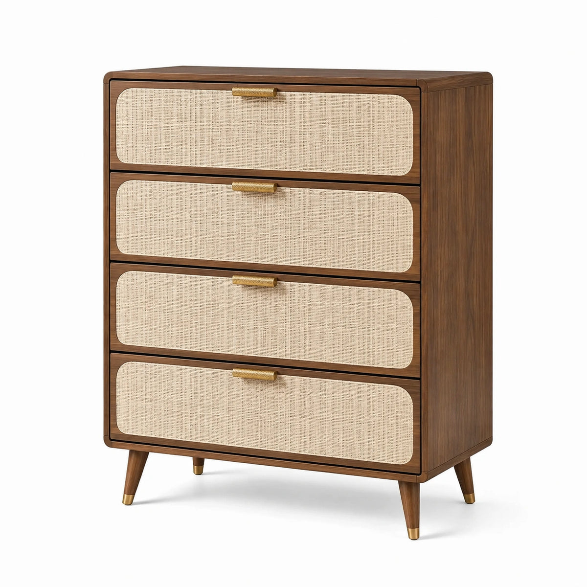 Commode 90 x 45 x 110 cm en bois brun et cannage naturel à 4 tiroirs style rétro