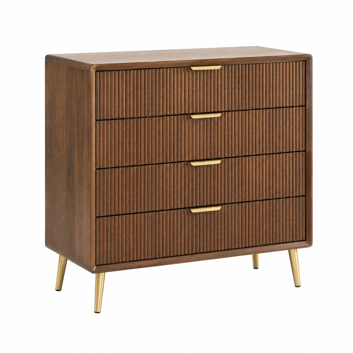 Commode 90 x 40 x 95 cm en panneaux aspect noyer à 4 tiroirs style moderne