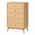 Commode 80 x 45 x 120 cm en bois chêne clair à 5 tiroirs style rétro