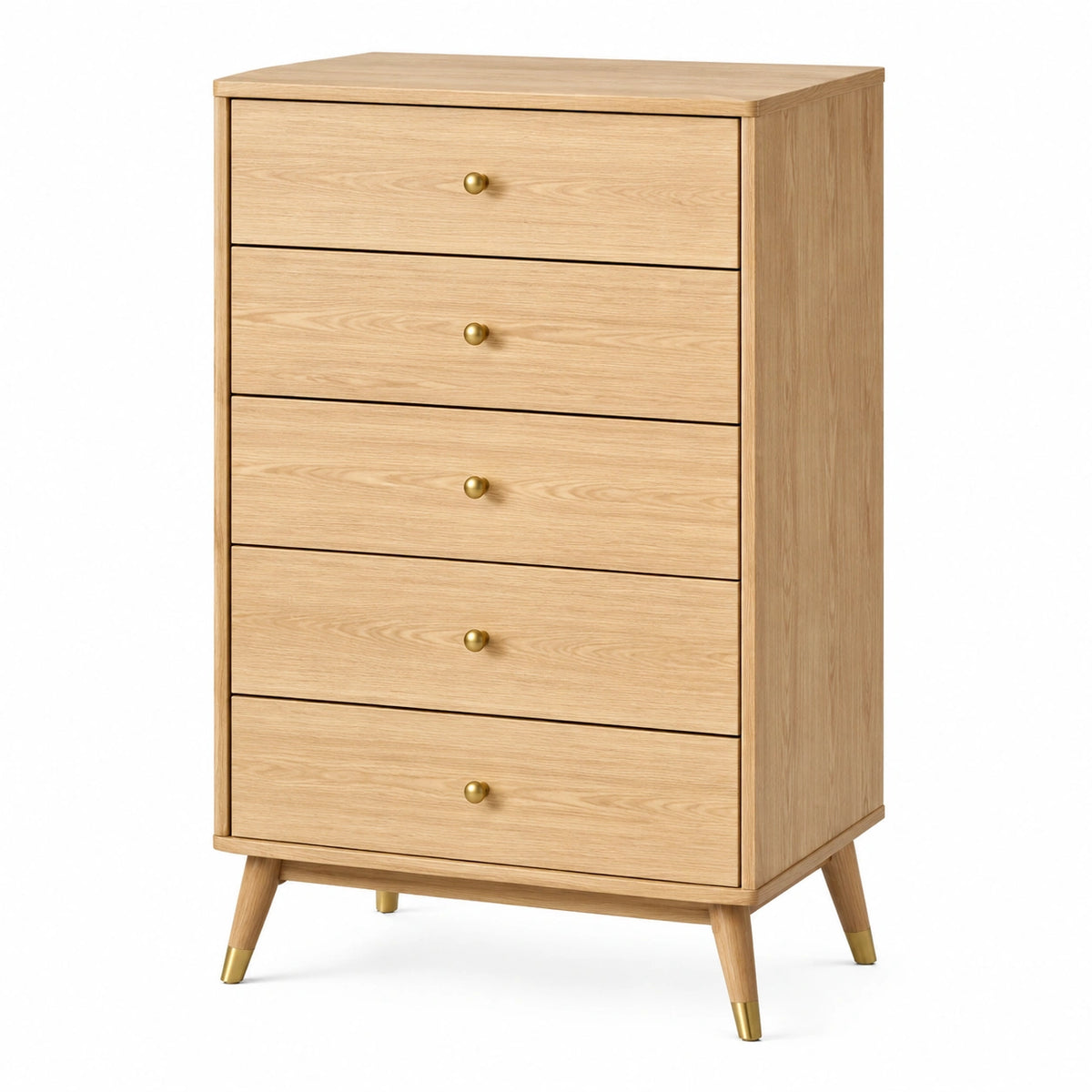 Commode 80 x 45 x 120 cm en bois chêne clair à 5 tiroirs style rétro