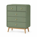 Commode 80 x 40 x 100 cm en panneaux de bois vert sauge à 5 tiroirs style rétro