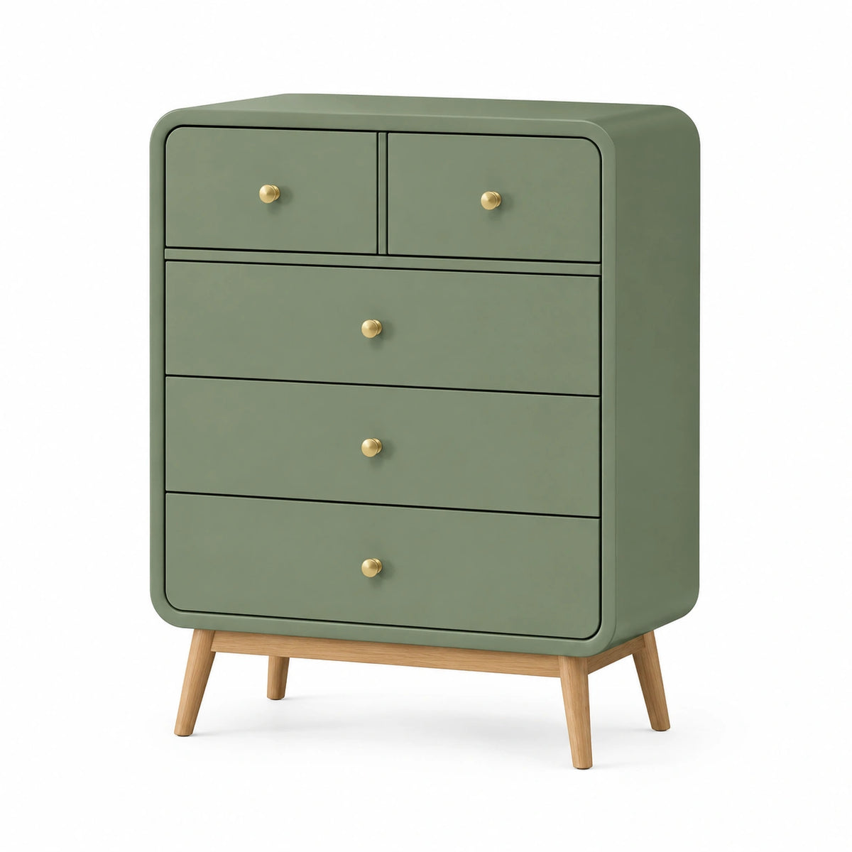 Commode 80 x 40 x 100 cm en panneaux de bois vert sauge à 5 tiroirs style rétro