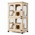 Cage pour chat 90 x 60 x 150 cm en bois naturel et métal à roulettes