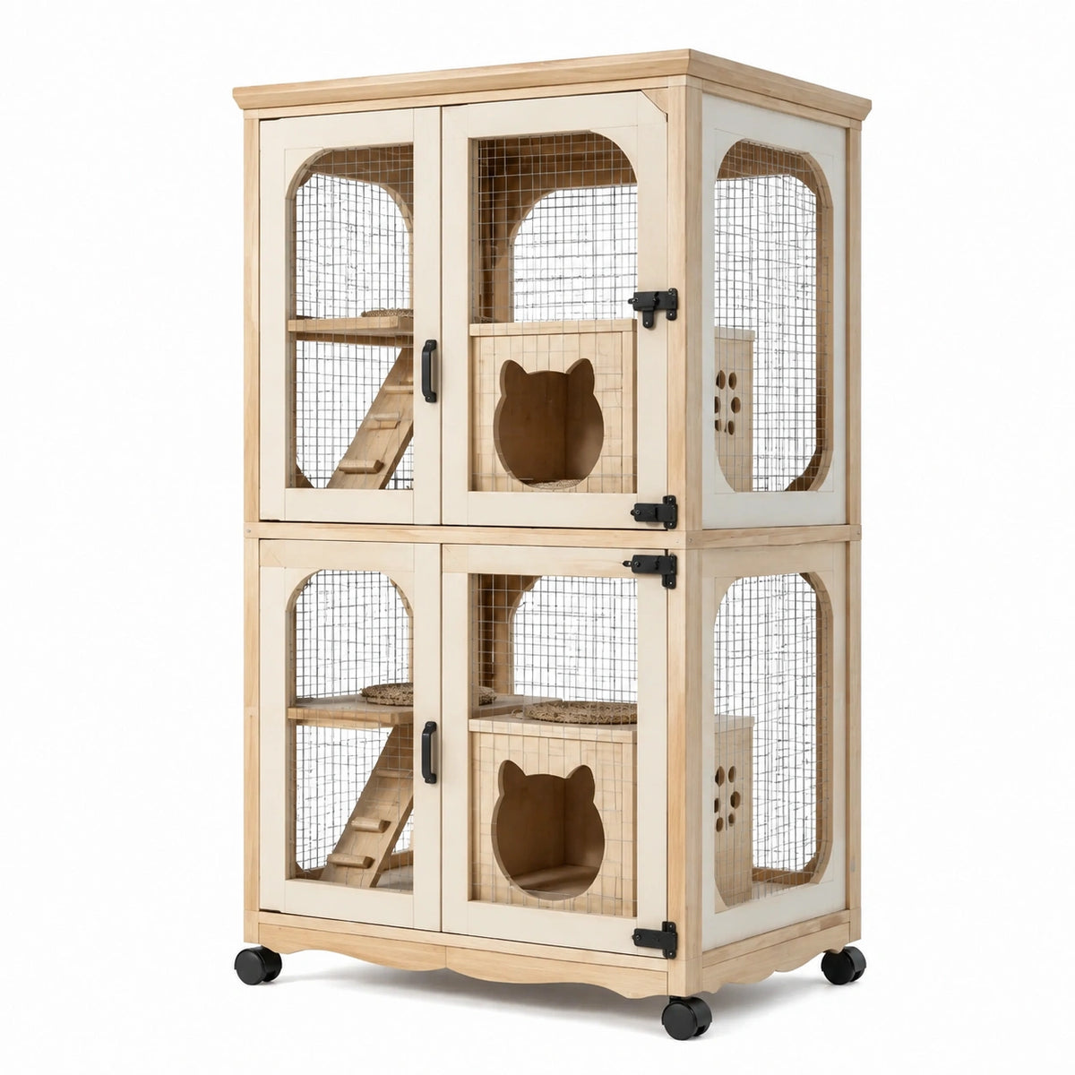 Cage pour chat 90 x 60 x 150 cm en bois naturel et métal à roulettes