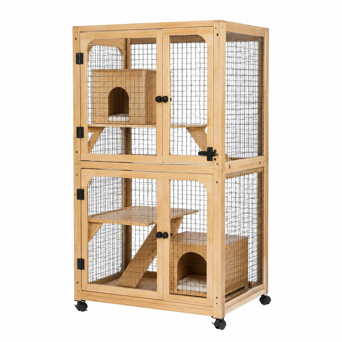 Cage pour chat 90 x 60 x 132 cm en bois naturel et grillage métallique sur roulettes