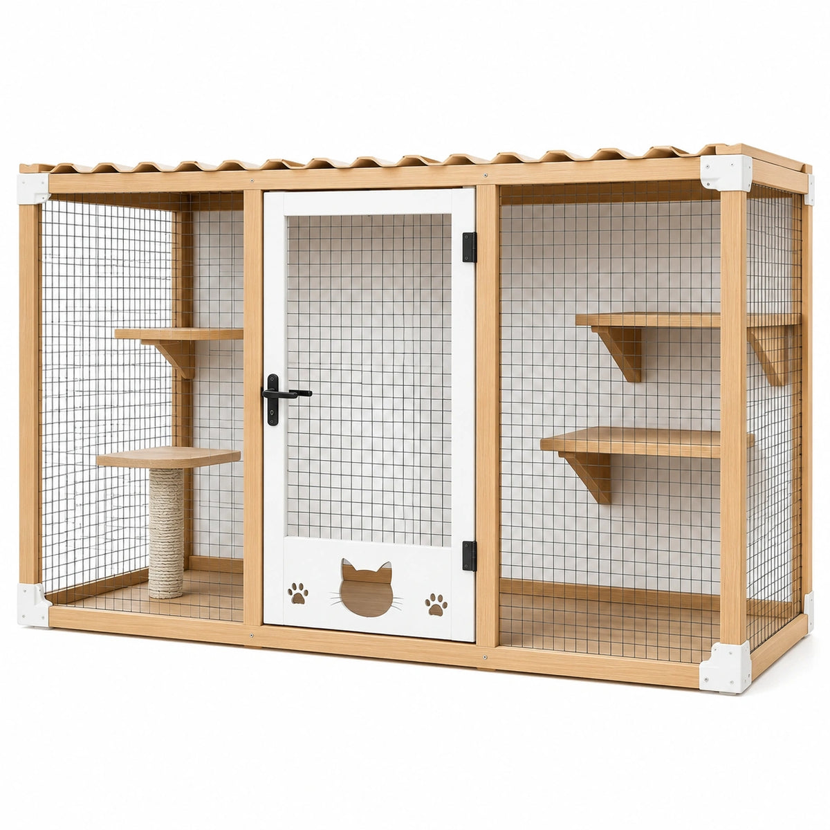 Enclos pour chat 120 x 60 x 120 cm en bois naturel et métal avec étagères et griffoir