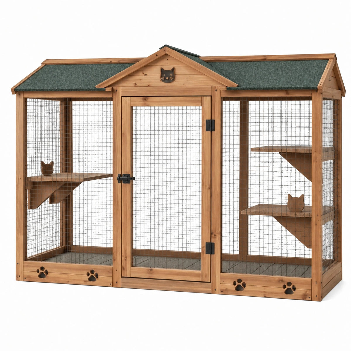 Enclos extérieur pour chat 180 x 80 x 170 cm en bois naturel vert - à niveaux avec toit