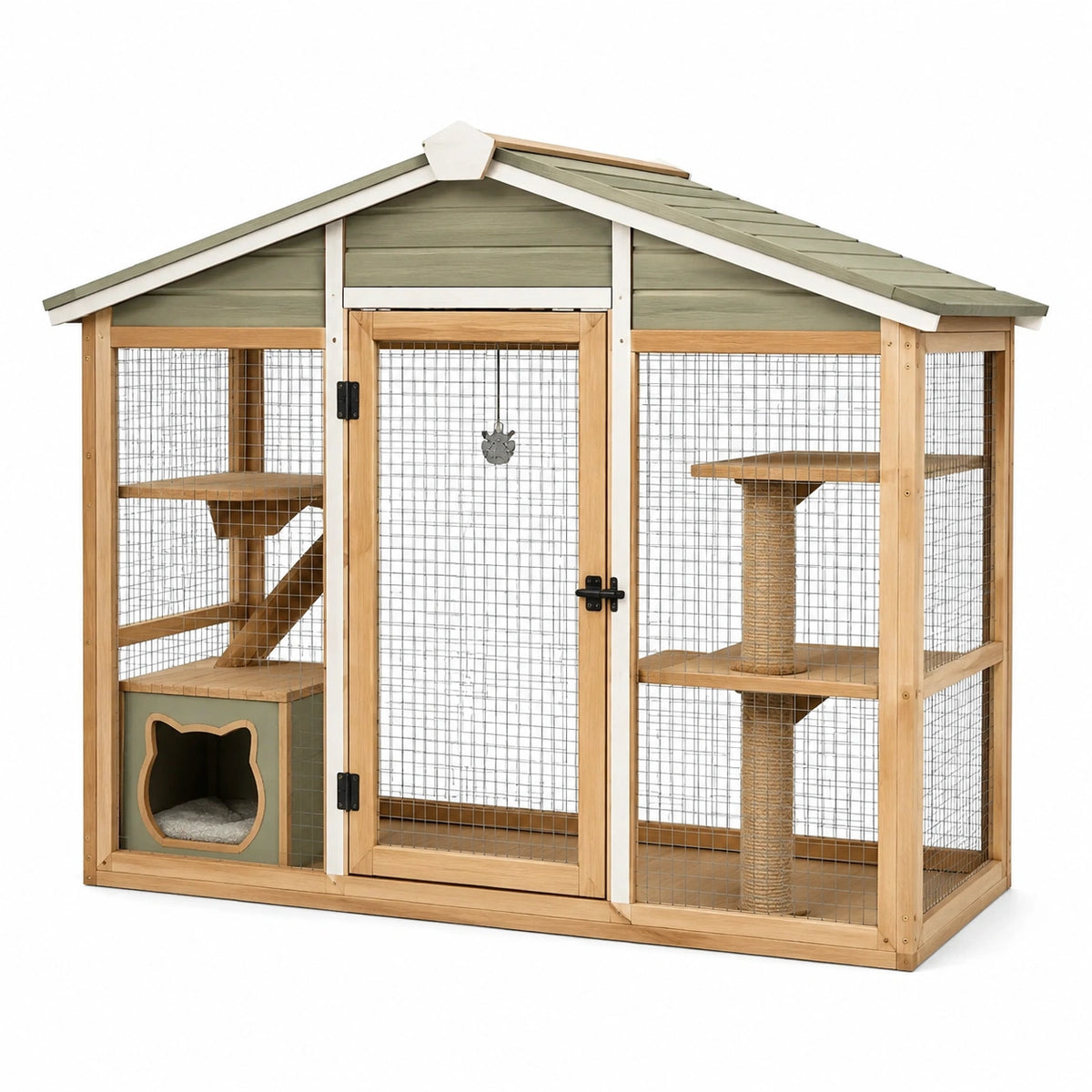 Enclos extérieur pour chat 120 x 60 x 120 cm en bois naturel vert avec plateformes et griffoirs