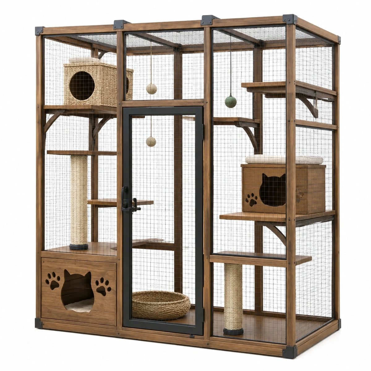 Enclos pour chat 180 x 90 x 200 cm en bois brun avec grillage et plateformes