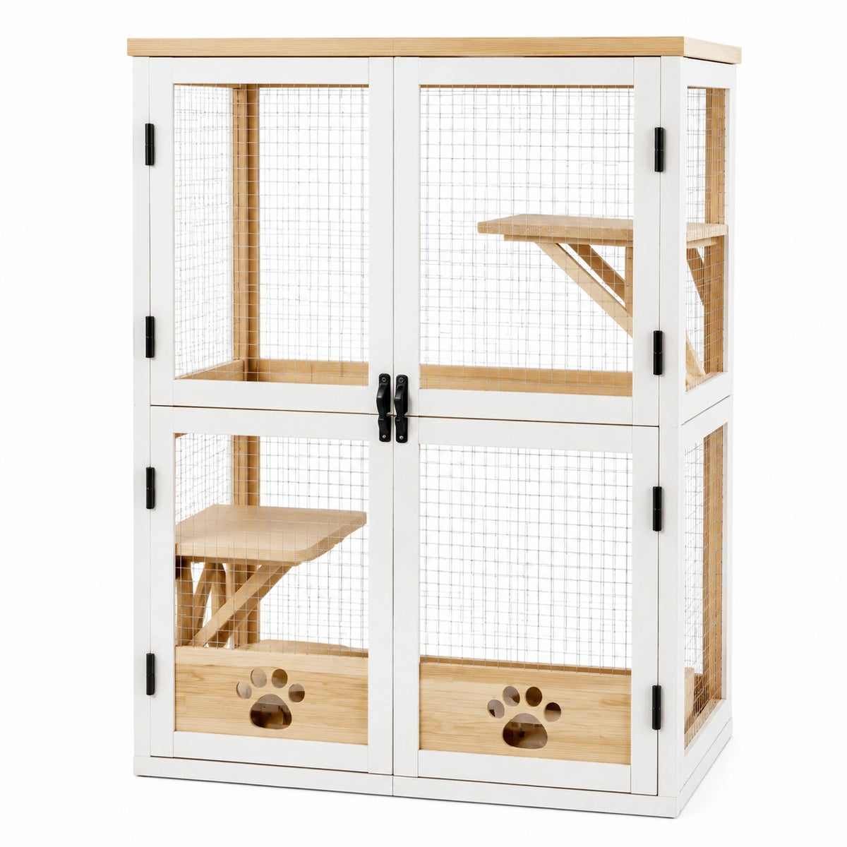 Cage pour chat 90 x 60 x 120 cm en bois et métal blanc naturel avec plateformes intérieures