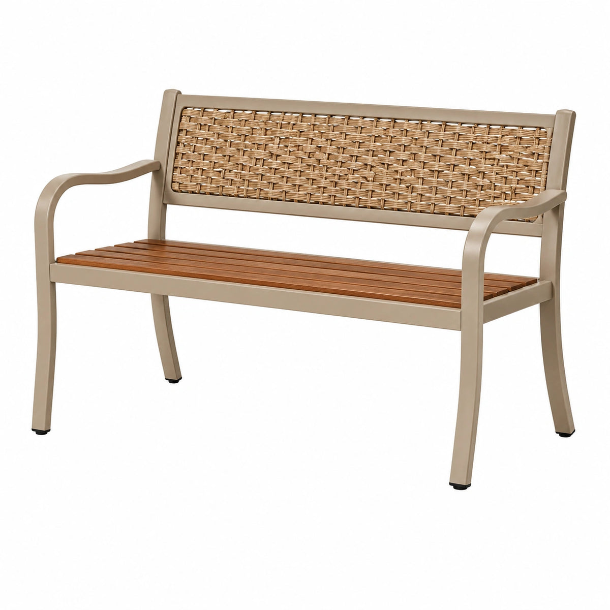 Banc de jardin 122 x 62 x 88 cm en métal bois et fibres tressées beige marron - style classique avec accoudoirs