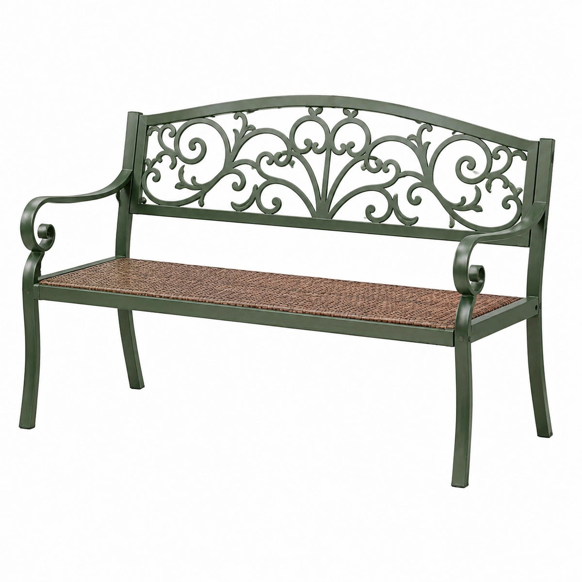 Banc de jardin 122 x 61 x 92 cm en métal vert avec assise tressée style romantique