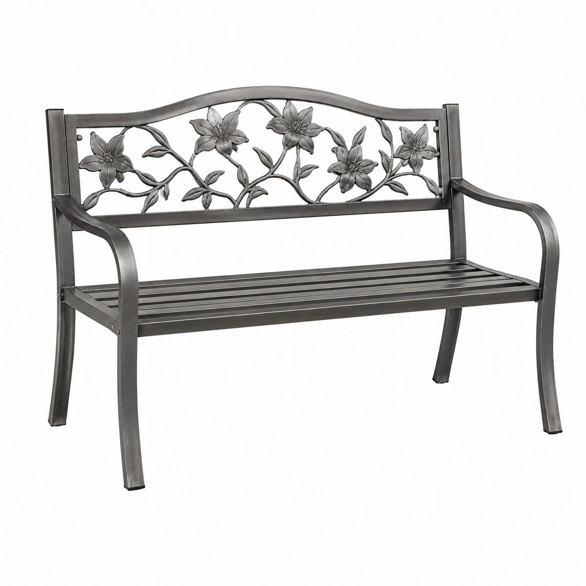 Banc de jardin 122 x 61 x 92 cm en métal gris à motif floral