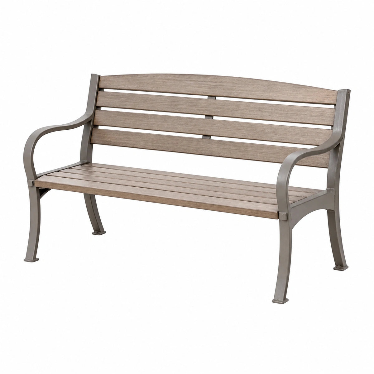Banc de jardin 120 x 65 x 85 cm métal gris à lattes aspect bois avec accoudoirs